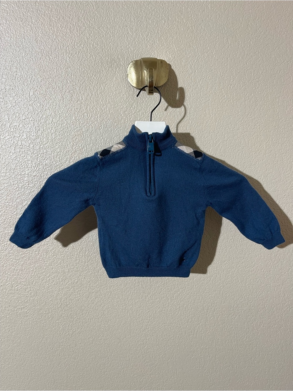 Burberry Kids Navy Half-Zip Sweater with Check Shoulder Detail